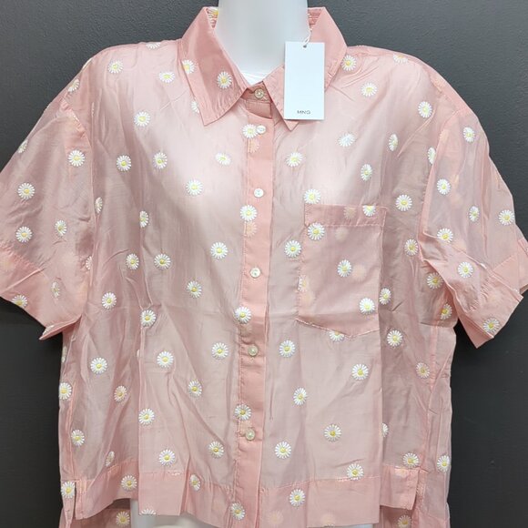 Mango Floral Embroidered Lyocell Short Sleeves Shirt Medium Pastel Pink - Picture 2 of 8